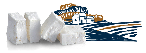 Τυρί φέτα σε φέτες και χωριό στην εξοχή